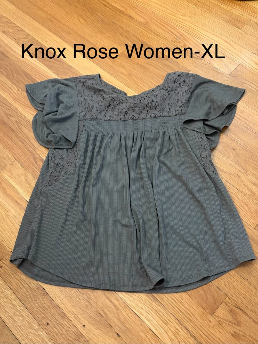 Knox Rose Olive Green Lace Yoke Flutter Sleeve Blouse - XL